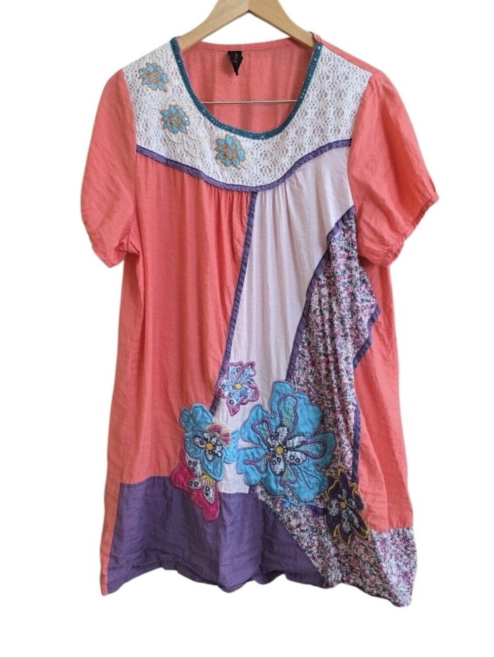 Sacred Threads Boho Hippie Crocheted Floral Patchwork Mini Dress. One Size